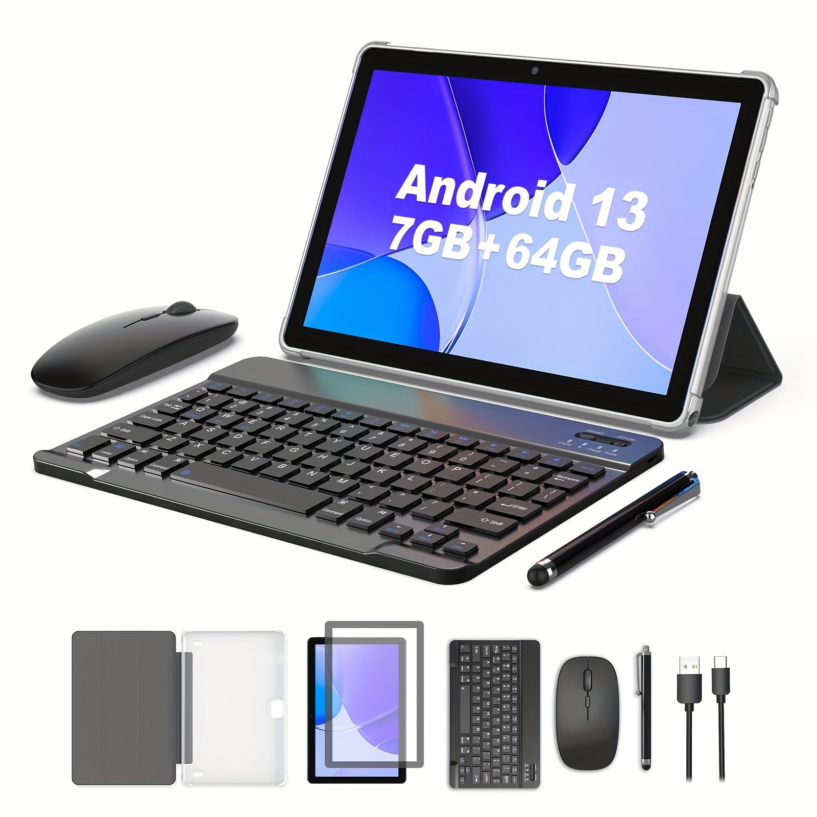 10-Inch for Android 13 Tablet with Keyboard, Mouse & Case - 7GB for RAM, 64GB Storage, 5G Dual Band WiFi, 2MP+8MP Cameras, Expandable to 1TB TF Card, ROM, Dual Frequency