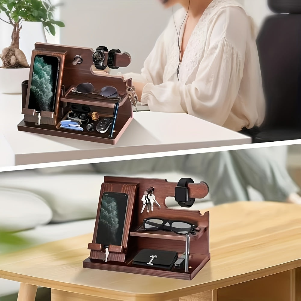 1pc, 2025 New Classic Wooden Mobile Phone Dock, 19.58*27.0 cm, Desktop Accessories and Workspace Organizer, Bedside Table Organizer, Key Holder, Watch Holder, No Power Required, 1pc