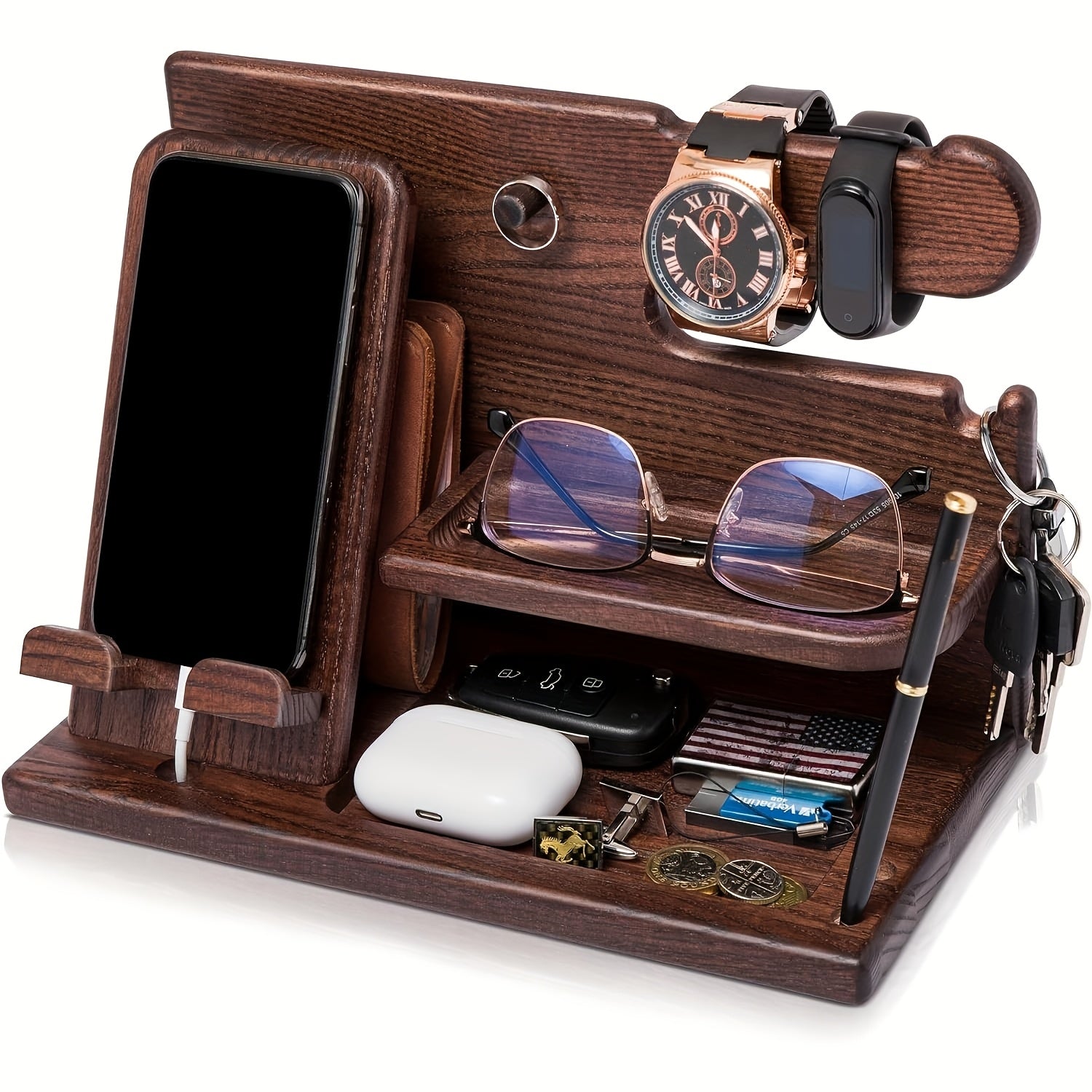 1pc, 2025 New Classic Wooden Mobile Phone Dock, 19.58*27.0 cm, Desktop Accessories and Workspace Organizer, Bedside Table Organizer, Key Holder, Watch Holder, No Power Required, 1pc